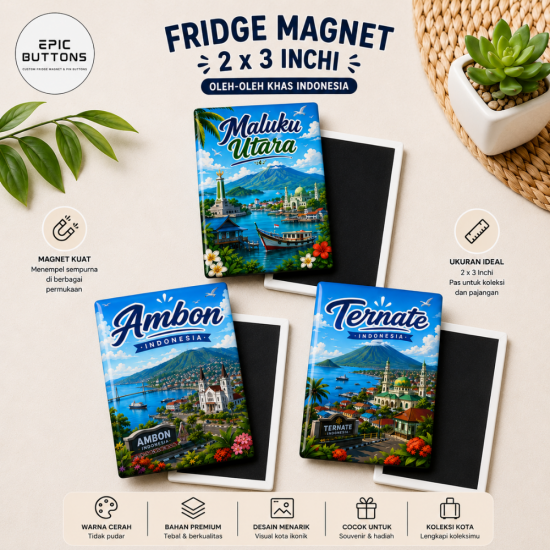 Fridge Magnet Kota Indonesia 2x3 Inch | Magnet Kulkas Souvenir Wisata Ambon Ternate Maluku Utara Oleh-Oleh